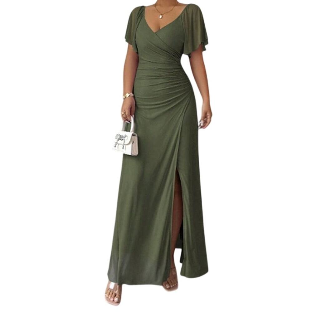 Shein Green V-Neck Ruffle Sleeve Pleated Waist Split Maxi Dress Medium (6)